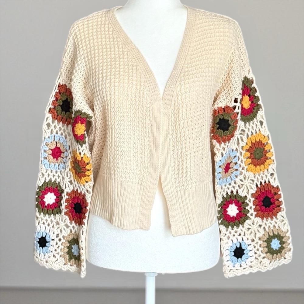 Boho Crochet Granny Square Sleeve Cardigan Cream Open Knit Sweater Size Small - Picture 2 of 16